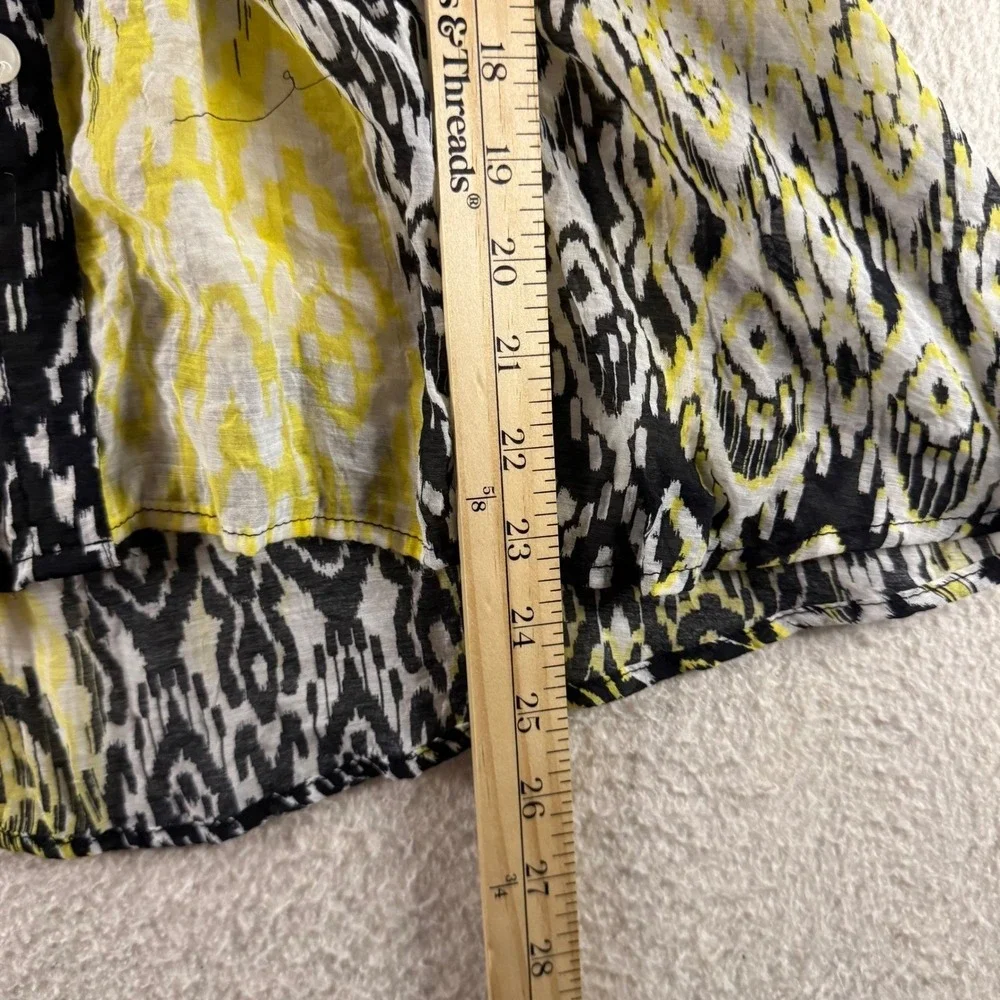 Ruby Rd Petite Button Up Top Womens PXL Black Yellow Ikat Print Exc Short Slv